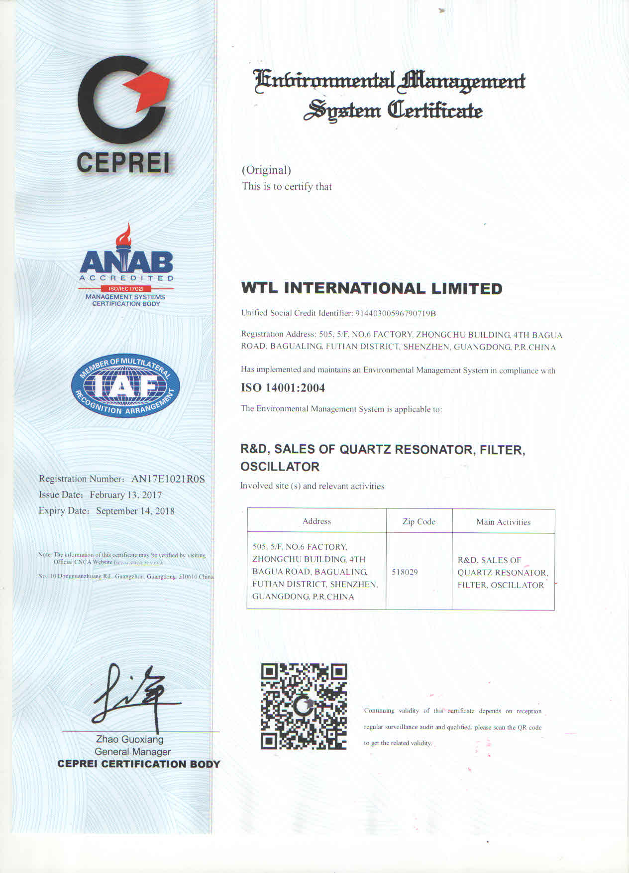 WTL Environmental Management System certificate.