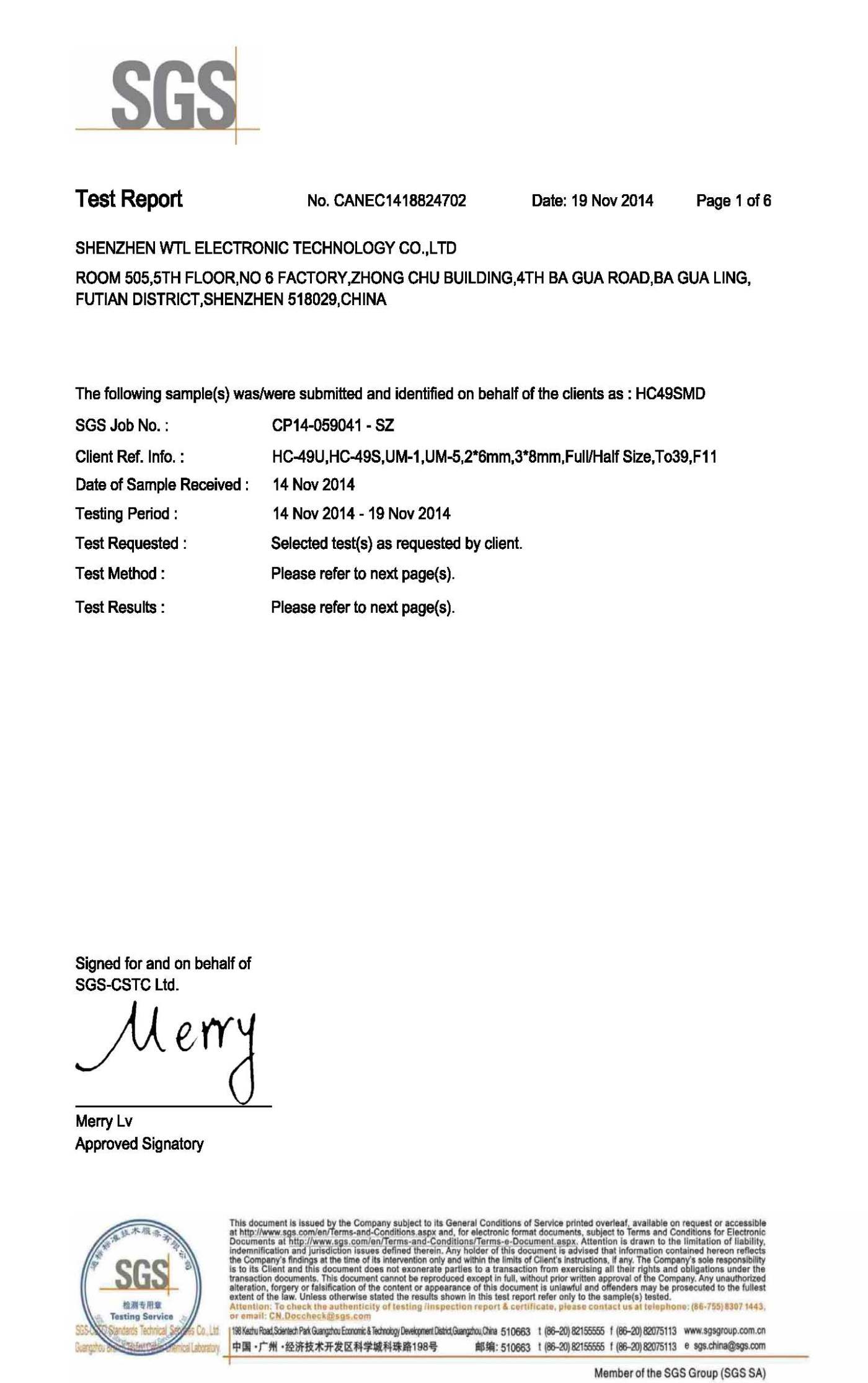 SGS certificate for WTL HC49SMD.